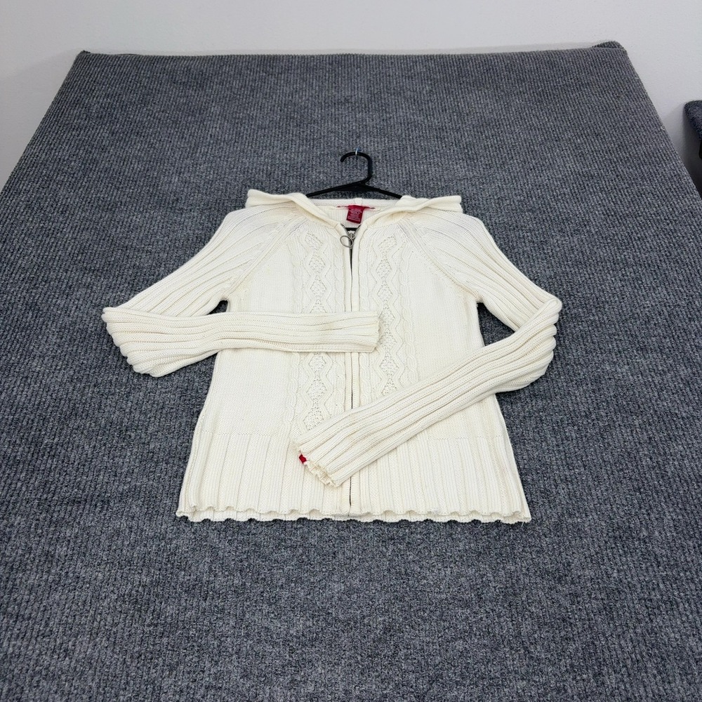 Roxy Sweater Hoodie Womens L Ivory Cotton Acrylic Zip Up Cable Knit Y2K Boho